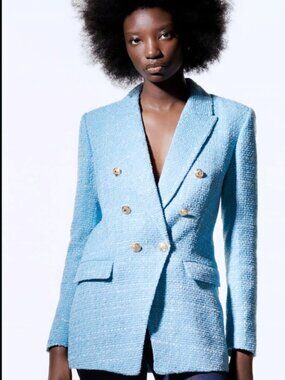 Zara Powder Blue Tweed Blazer M